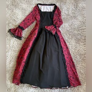 Black & red floral 1800’s costume dress with black lace edges & bell sleeves